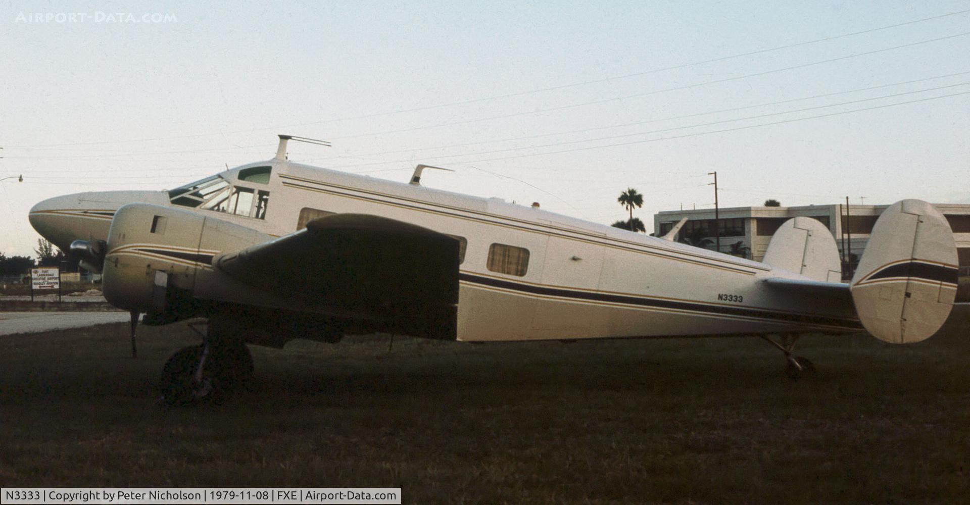 N3333, 1957 Beech E18S C/N BA-242, Beech E18S of Eastern Caribbean Airways of St. Croix in the US Virgin Islands as seen at Fort Lauderdale in November 1979.