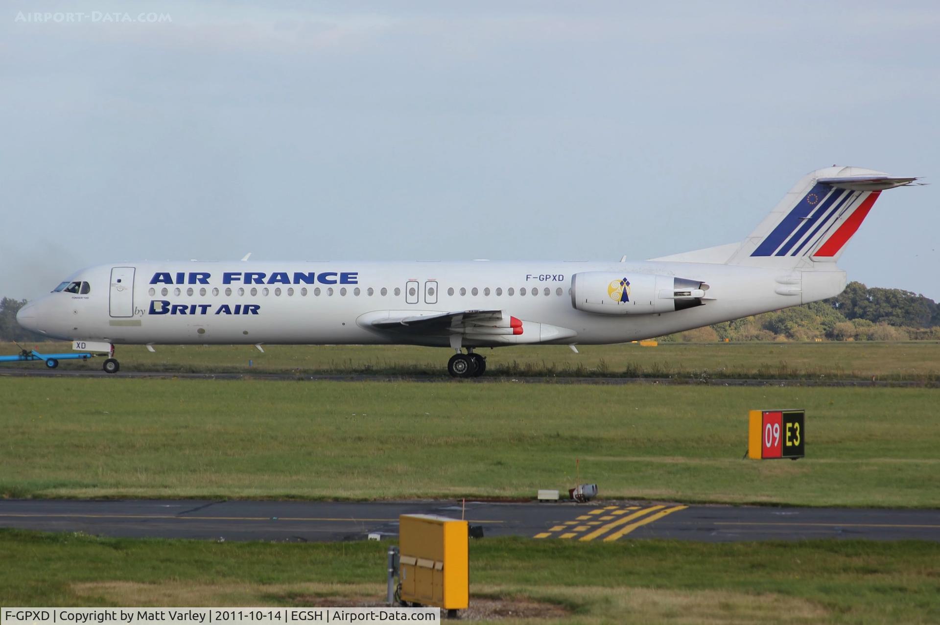 F-GPXD, 1995 Fokker 100 (F-28-0100) C/N 11494, Being towed to the compass swing area.