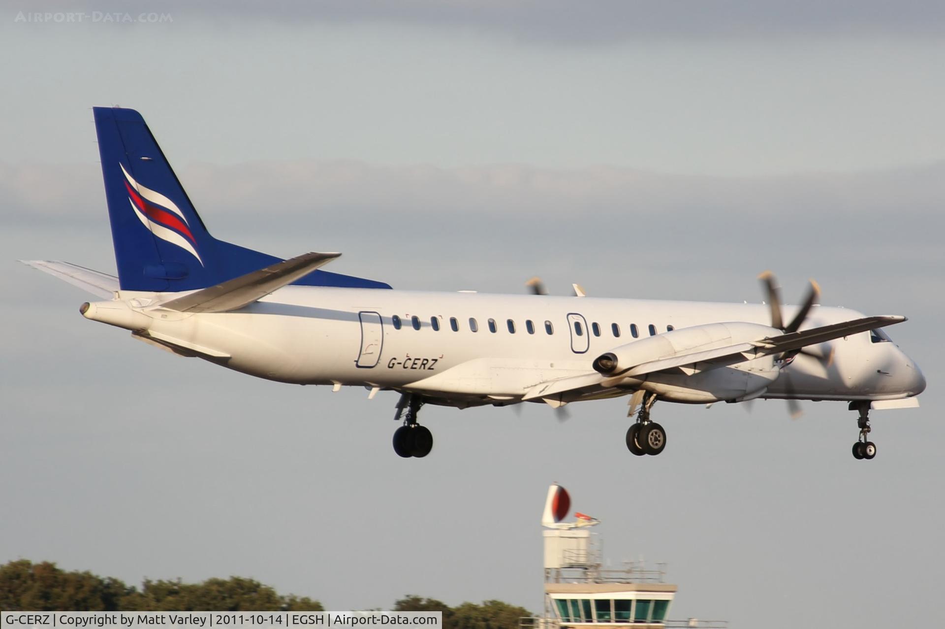 G-CERZ, 1997 Saab 2000 C/N 2000-042, East flight 189P arriving at EGSH