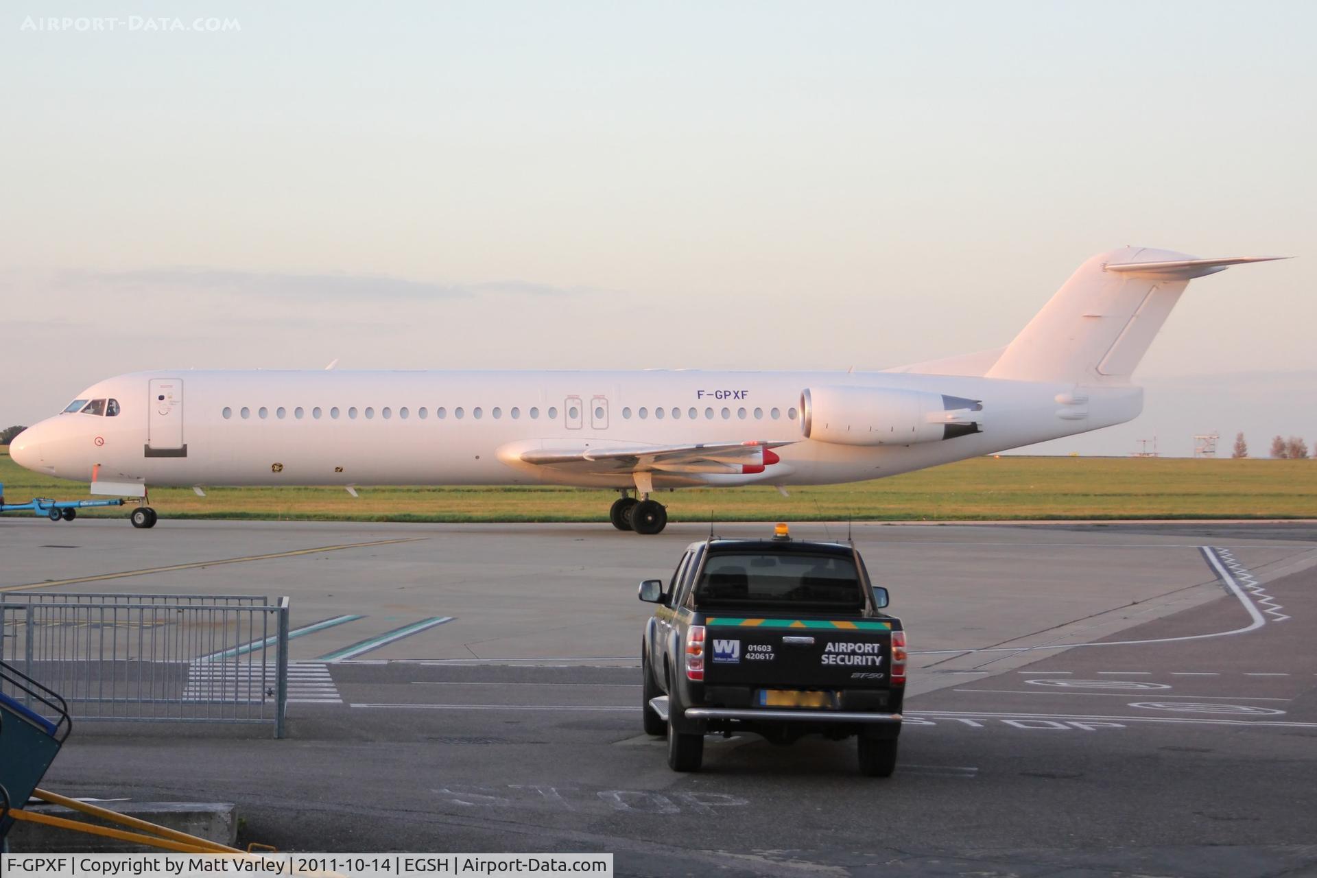 F-GPXF, 1991 Fokker 100 (F-28-0100) C/N 11330, Being towed for storage.