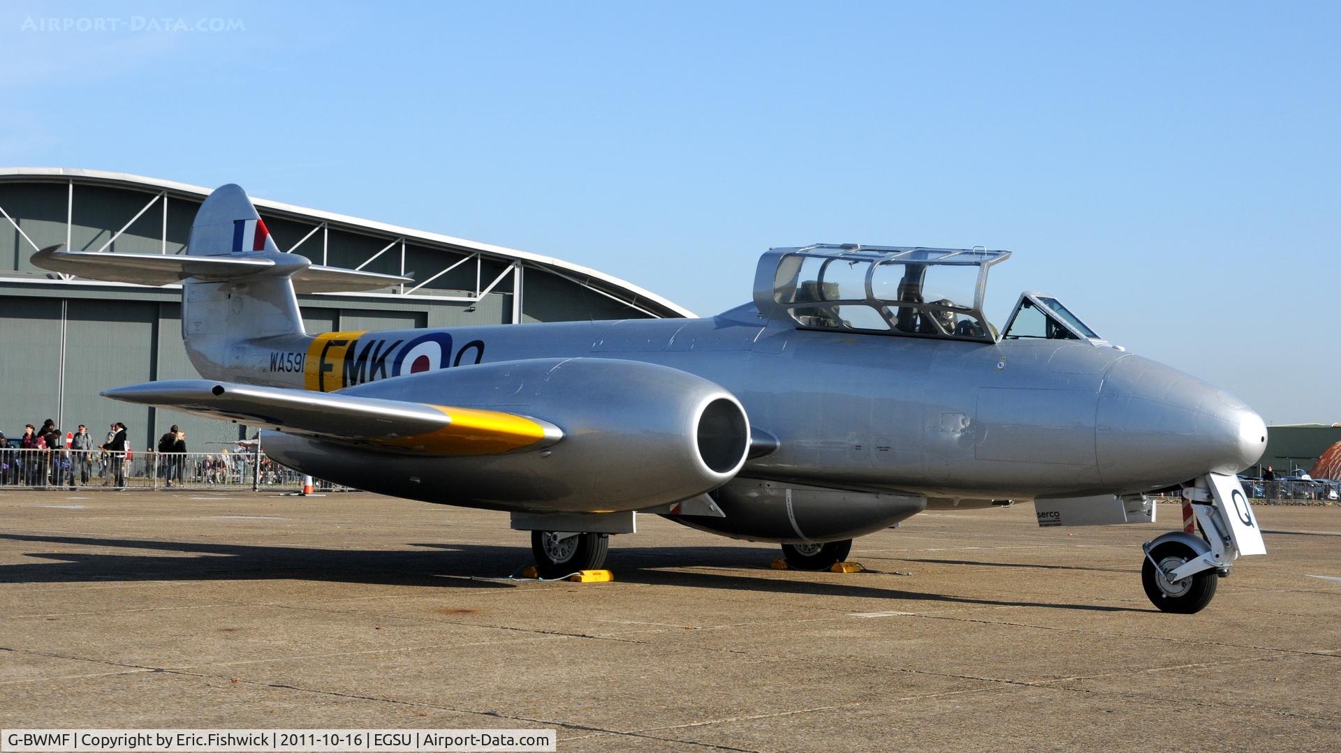 G-BWMF, 1949 Gloster Meteor T.7 C/N G5/356460, 2. WA591 - making its first Public flying display appearance at Duxford's Autumn Air Show, October 2011. It is painted in the colours of 203 Advanced Flying School.