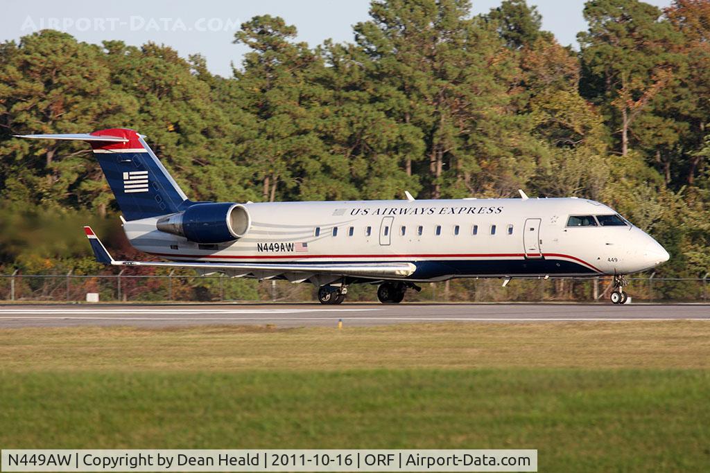 N449AW, 2003 Bombardier CRJ-200LR (CL-600-2B19) C/N 7818, US Airways Express N449AW (FLT AWI3673) on takeoff roll on RWY 23 en route to Charlotte/Douglas Int'l (KCLT).