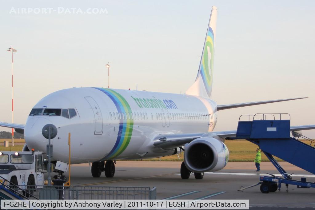 F-GZHE, 2008 Boeing 737-8K2 C/N 29678, Sat on stand 6 after arriving for engineering.