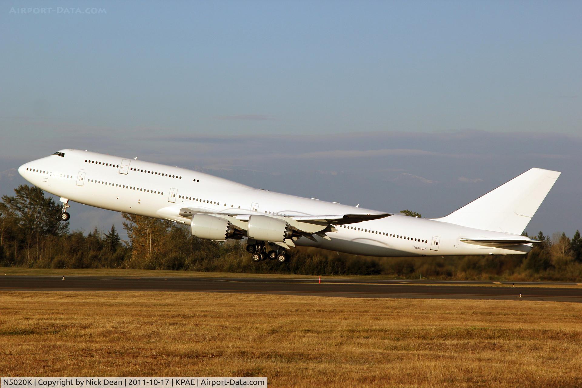 N5020K, 2011 Boeing 747-8Z5 C/N 37500, KPAE/PAE Boeing 440 departing on a test flight to Fairbanks AK this morning, this aircraft is a BBJ destined to become A6-PFA for Abu Dhabi Amiri flight.