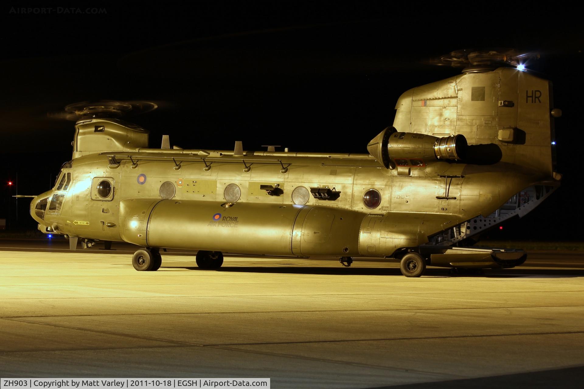 ZH903, Boeing Vertol Chinook HC.3 C/N M4482, Sat on stand at Saxon Air under the floodlights.Changed a few settings for this shot to get a different light.