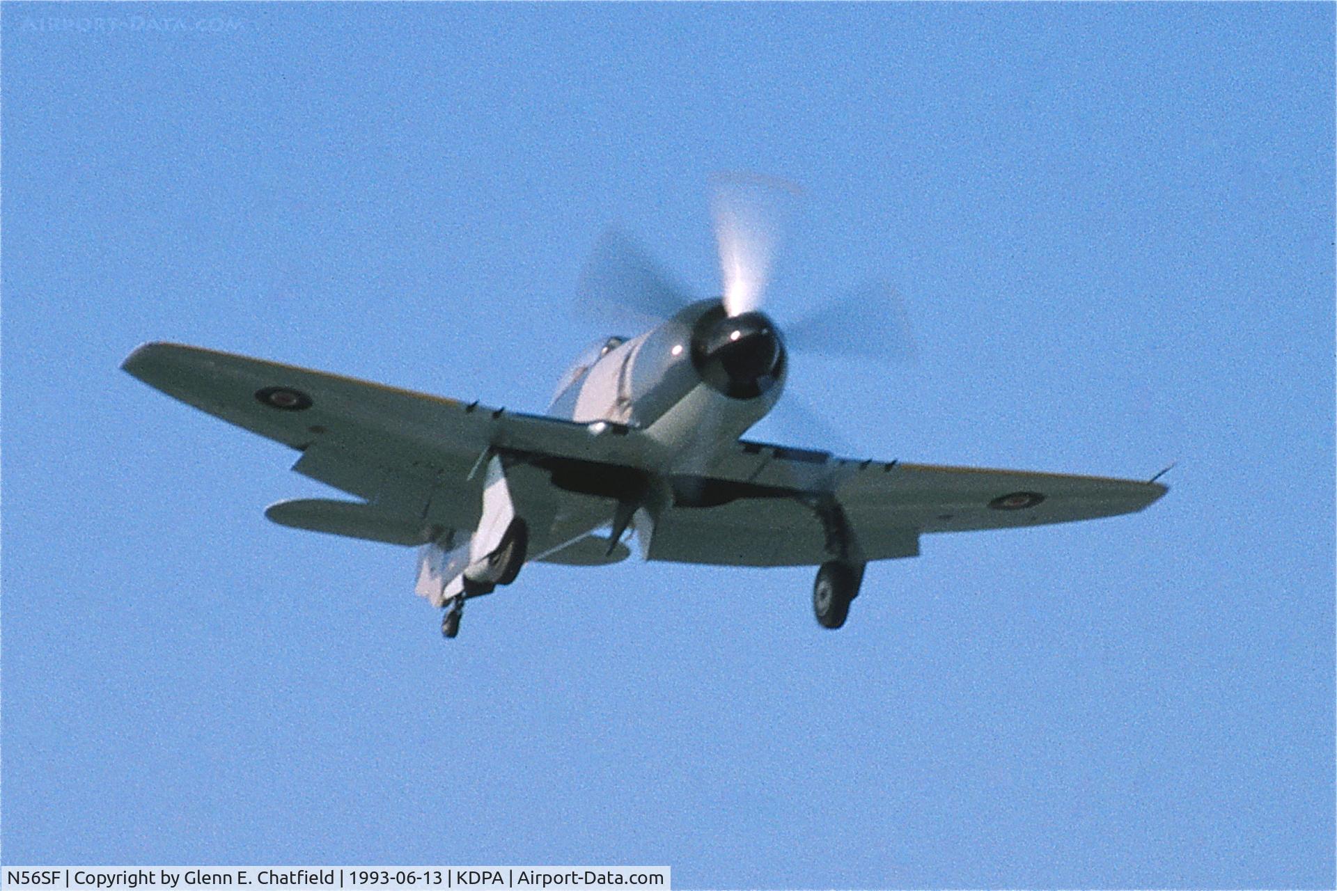 N56SF, 1949 Hawker Sea Fury FB.11 C/N 37733, On approach to runway19R fly close to the old control tower.  35mm slide