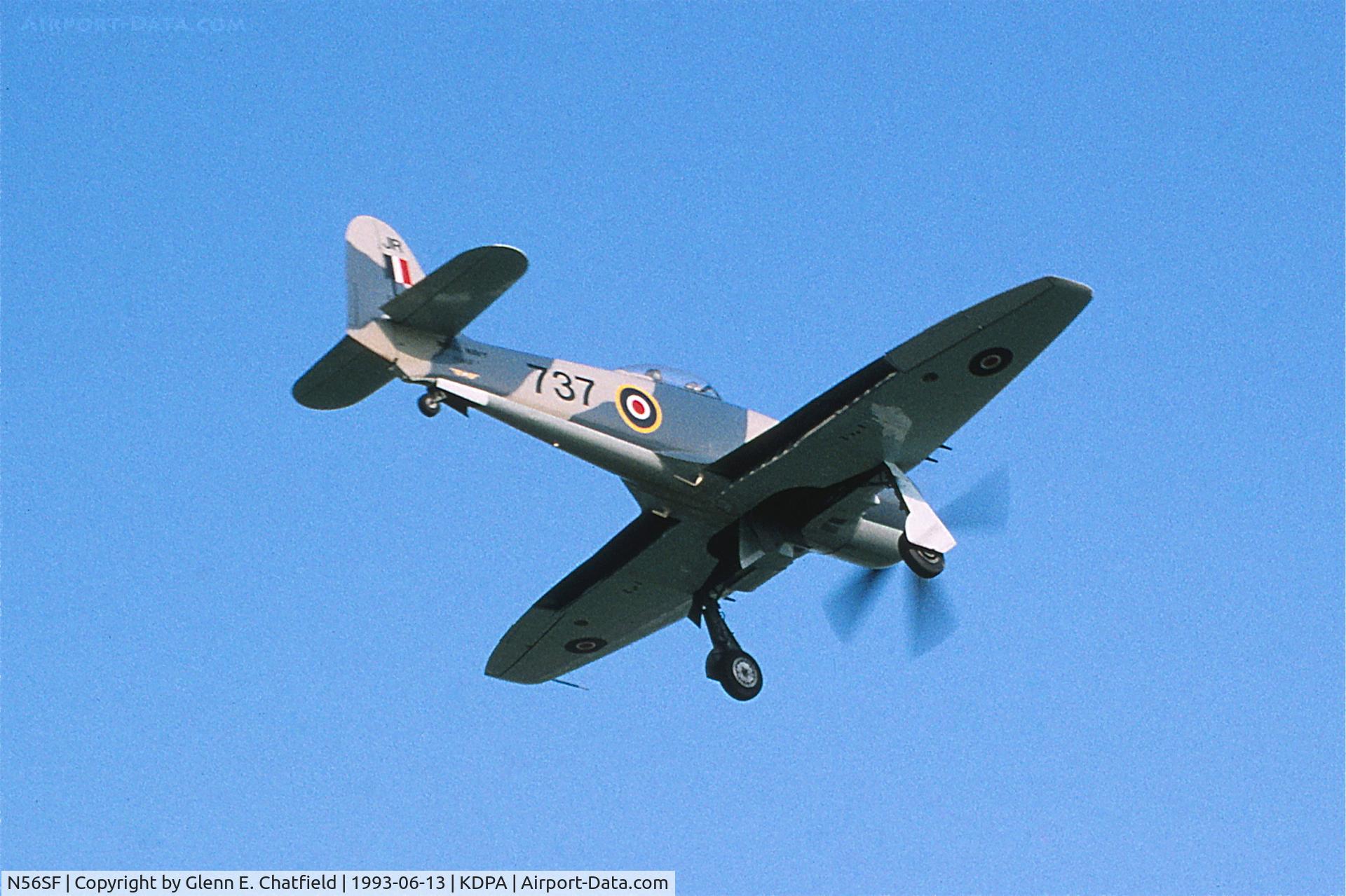 N56SF, 1949 Hawker Sea Fury FB.11 C/N 37733, On approach to runway19R fly close to the old control tower.  35mm slide