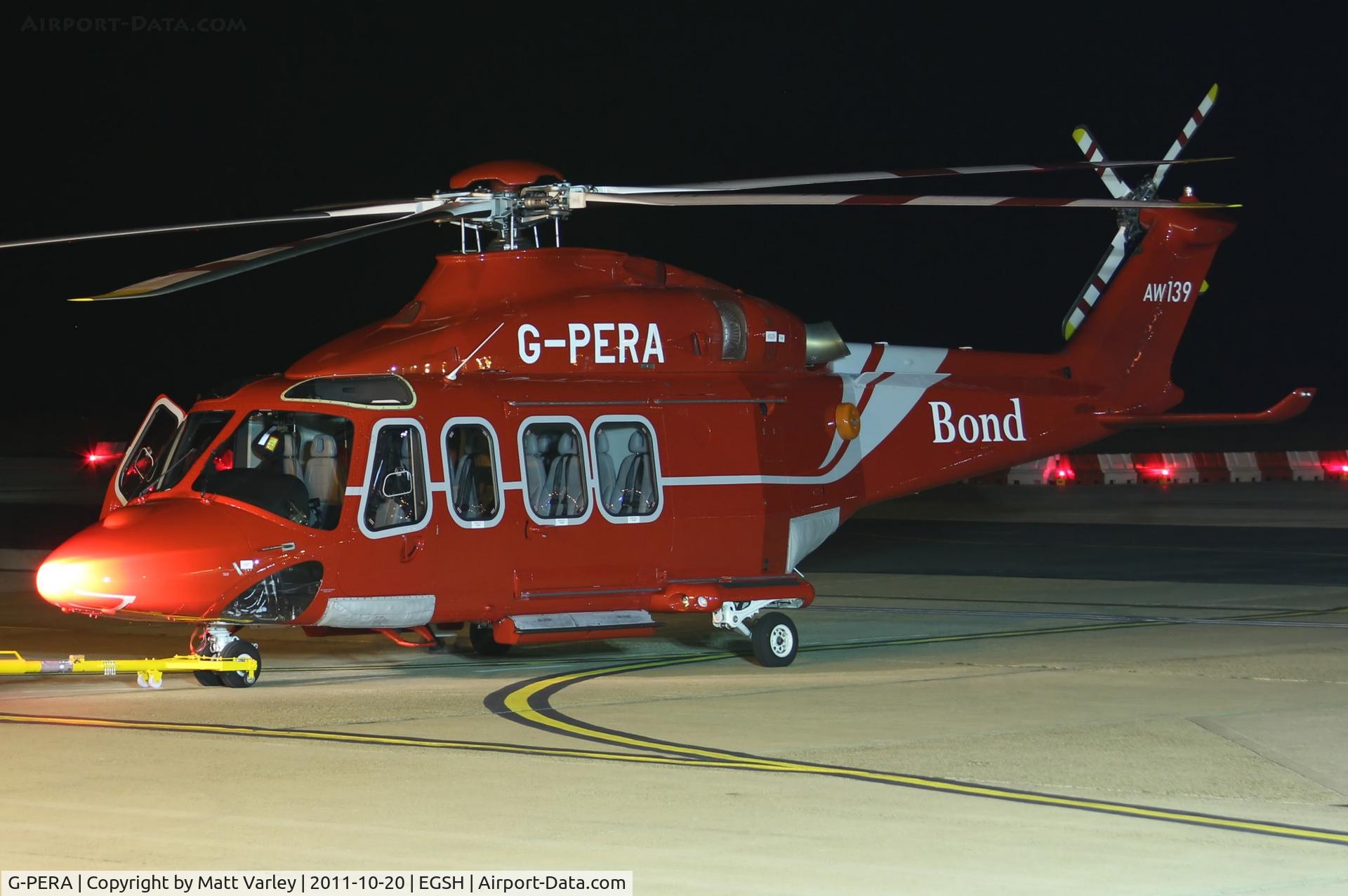 G-PERA, 2010 AgustaWestland AW-139 C/N 31322, About to be towed into the hanger for the night.