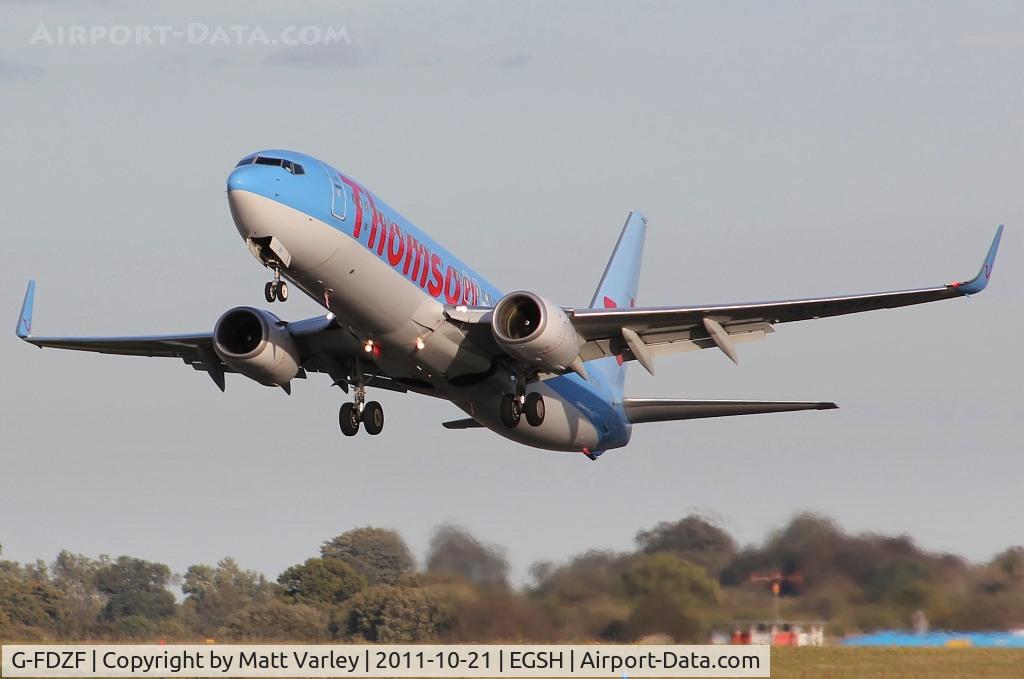 G-FDZF, 2008 Boeing 737-8K5 C/N 35138, Departing EGSH.