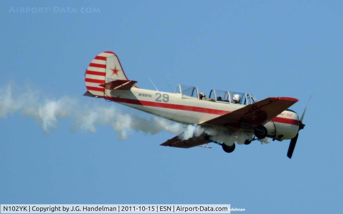 N102YK, 1991 Yakovlev Yak-52 C/N 9111309, smoke over Easton MD