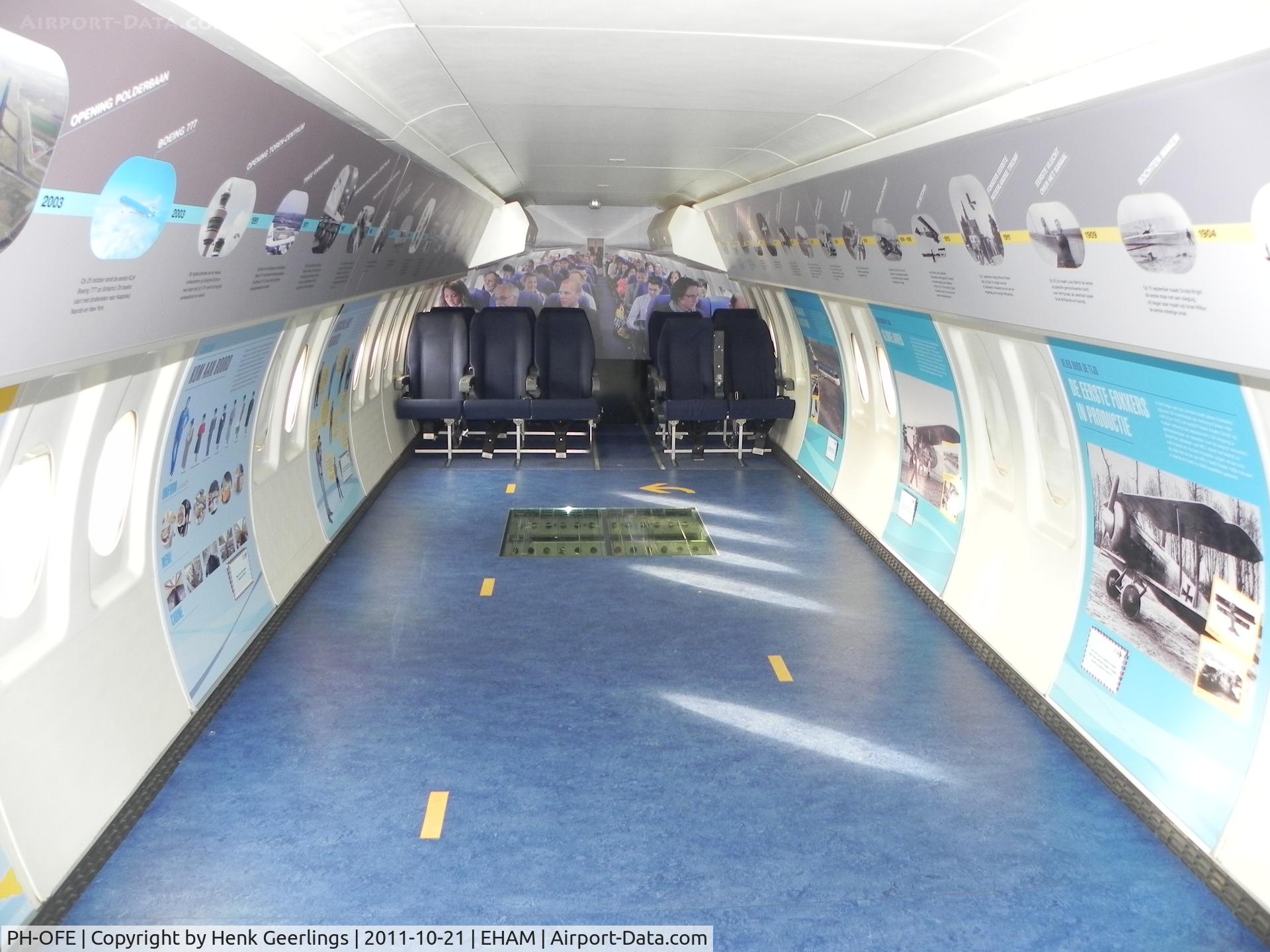 PH-OFE, 1989 Fokker 100 (F-28-0100) C/N 11260, ex KLM Cityhopper. On display at Schiphol Panorama Terrace     
