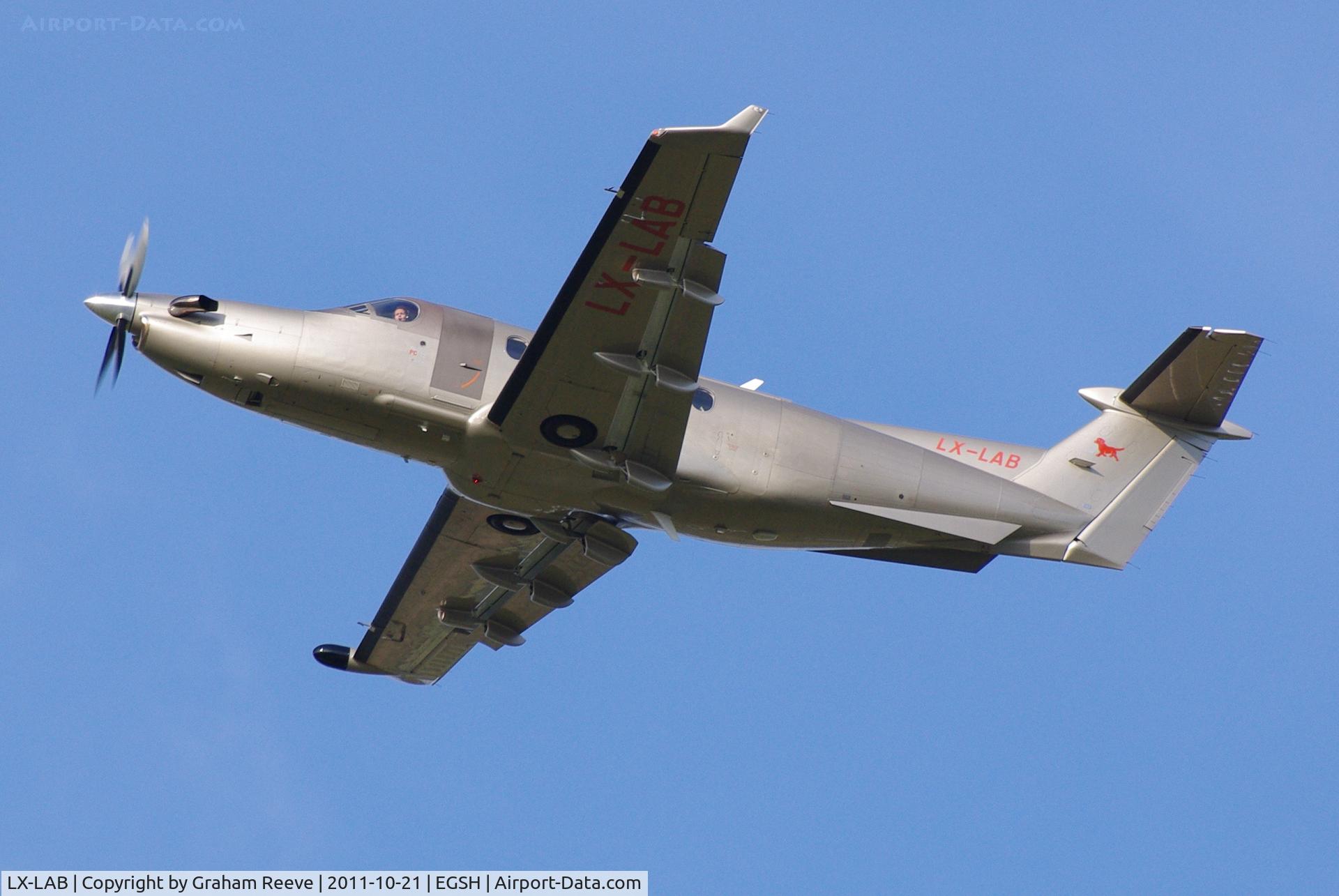 LX-LAB, 2003 Pilatus PC-12/45 C/N 531, Departing from Norwich.