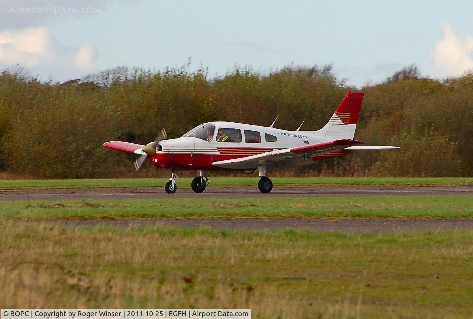 G-BOPC, 1982 Piper PA-28-161 Cherokee Warrior II C/N 28-8216006, Piper Cherokee Warrior II of Aeros Flight Training arriving Runway 22.