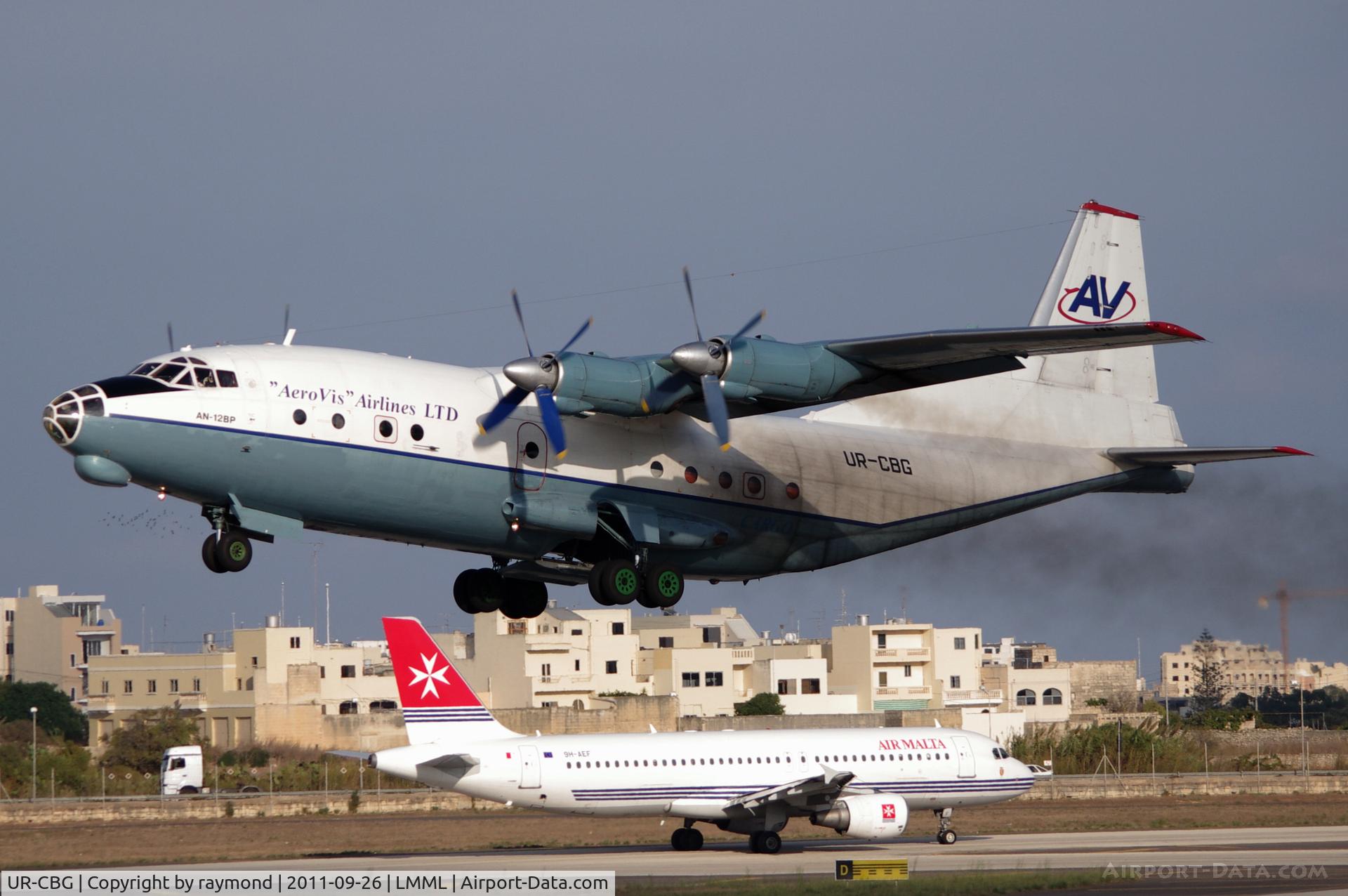 UR-CBG, 1966 Antonov An-12BK C/N 6343705, An12 UR-CBG Aerovis departing Runway31 in Malta.