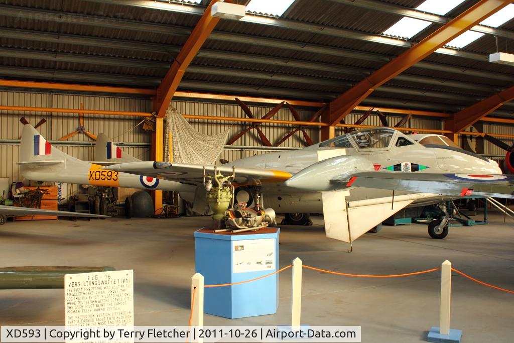 XD593, De Havilland DH-115 Vampire T.11 C/N 15538, At Newark Air Museum in the UK