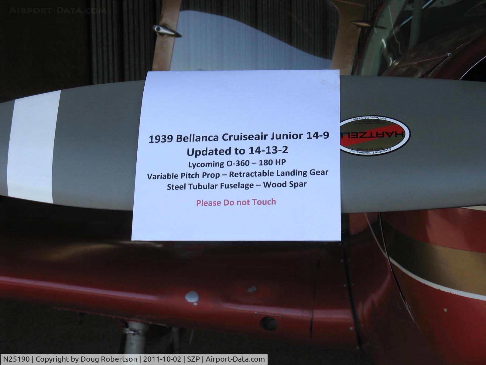 N25190, 1940 Bellanca 14-9 C/N 1011, 1940 Bellanca 14-9 CRUISAIR JUNIOR, Lycoming O&VO-360 180 Hp conversion/upgrade, data