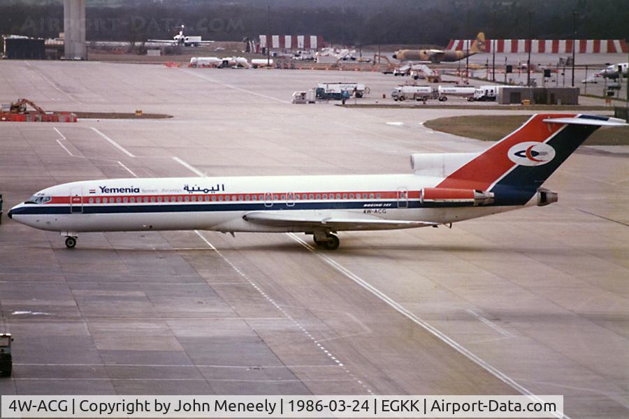 4W-ACG, 1979 Boeing 727-2N8 C/N 21845, Taxiing in at LGW. This 727 was written off in a landing accident at Asmara on Aug. 1, 2001.