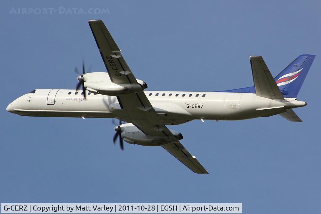G-CERZ, 1997 Saab 2000 C/N 2000-042, East flight 76H departing EGSH.