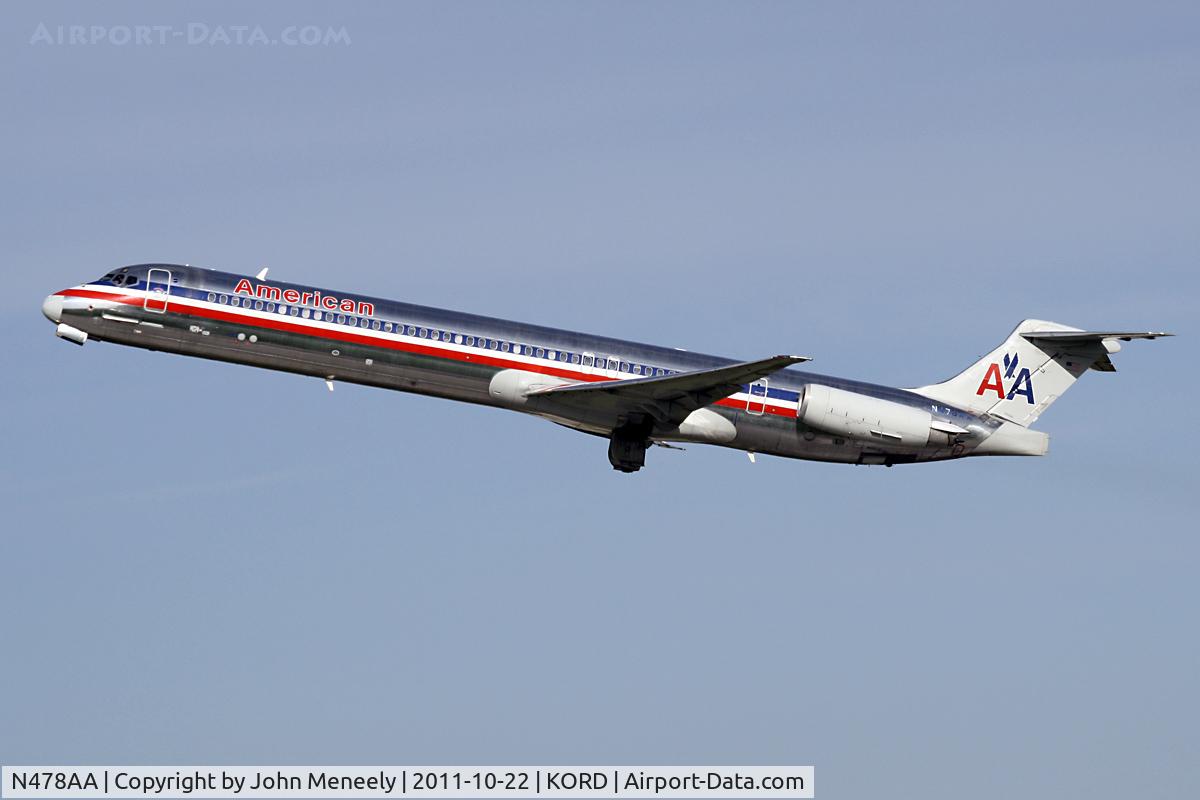 N478AA, 1988 McDonnell Douglas MD-82 (DC-9-82) C/N 49653, Just airborne from 22L - tucking the gear away.