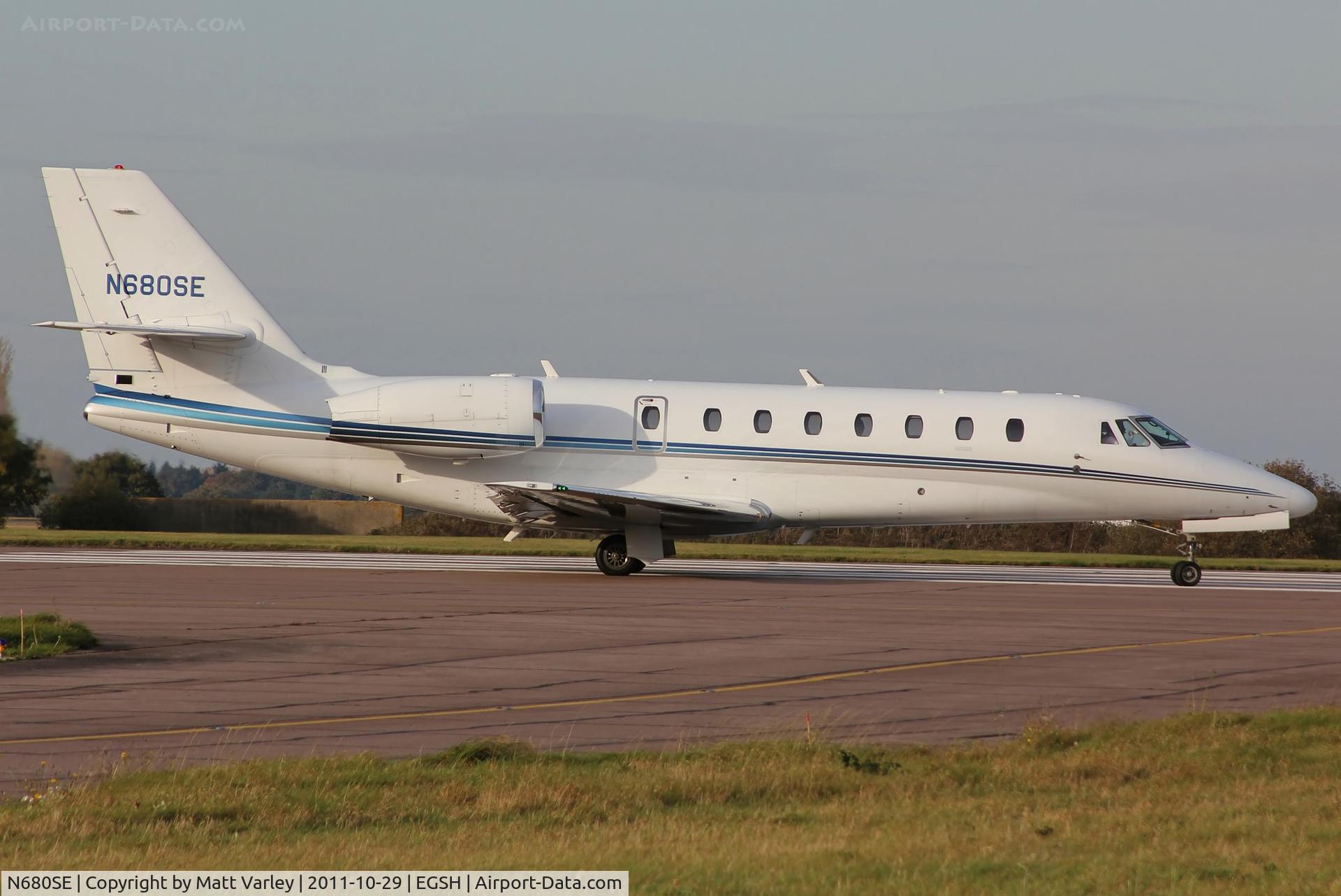 N680SE, 2006 Cessna 680 Citation Sovereign C/N 680-0078, About to depart EGSH on route to Antwerp.