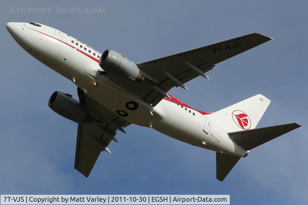 7T-VJS, 2002 Boeing 737-6D6 C/N 30210, Climbing out of EGSH after spray into new scheme.