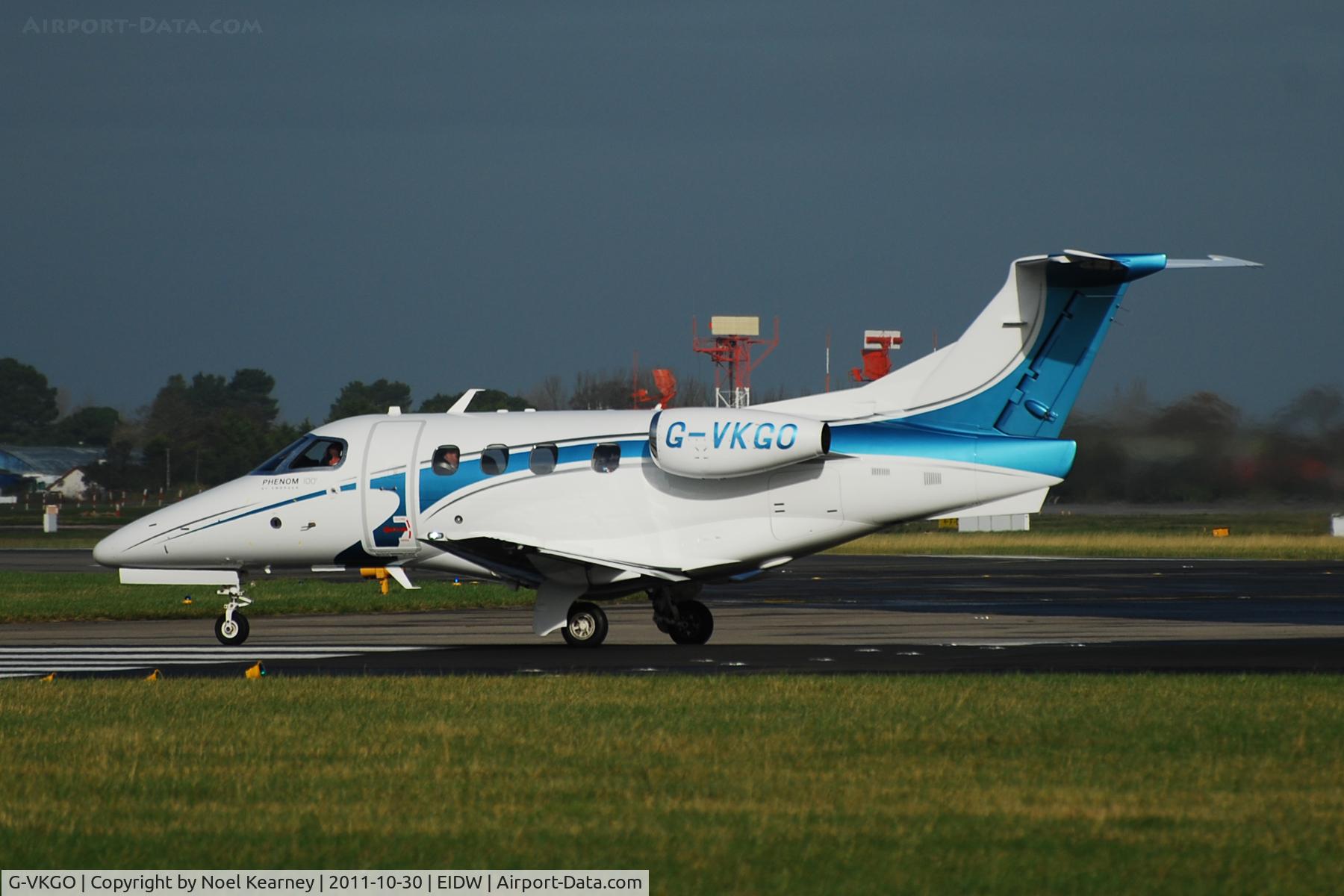 G-VKGO, 2010 Embraer EMB-500 Phenom 100 C/N 50000145, ex M-KICK. This Phenom is seen about to depart off Rwy 28 at EIDW.