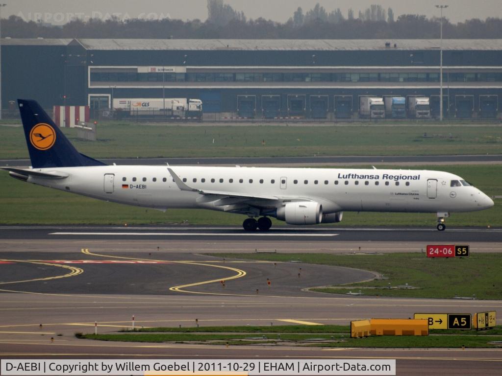 D-AEBI, 2011 Embraer 195LR (ERJ-190-200LR) C/N 19000464, Taxi to the runway24 on Schiphol Airport