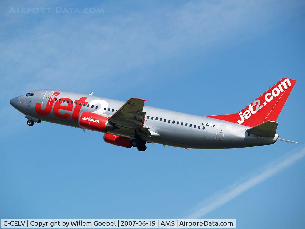 G-CELV, 1986 Boeing 737-377 C/N 23661, Take off from Schiphol Airport on runway 06