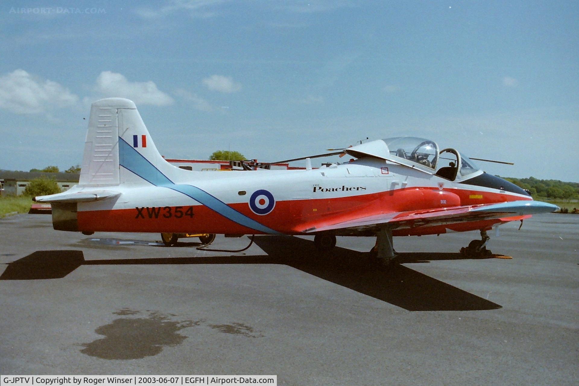 G-JPTV, 1971 BAC 84 Jet Provost T.5A C/N EEP/JP/1005, Previously in a yellow and blue colour scheme. Seen newly repainted in RAF Poachers aerobatic team colours representing the lead aircraft XW354 in the mid 1970's. This aircraft was  XW355 in RAF service. Operated by Gower Jets from Swansea Airport.