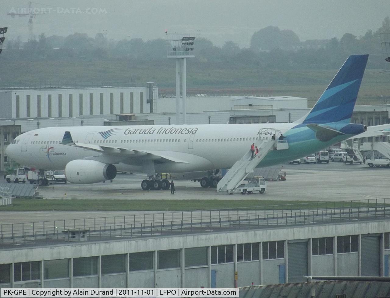PK-GPE, 1997 Airbus A330-341 C/N 148, Operated on a VIP flight on behalf of the Indonesian government in conjunction with the G20 summit due in Cannes next Wenesday. The aircraft arrived on October 31st and has been parking on Juliet remote ramp since.