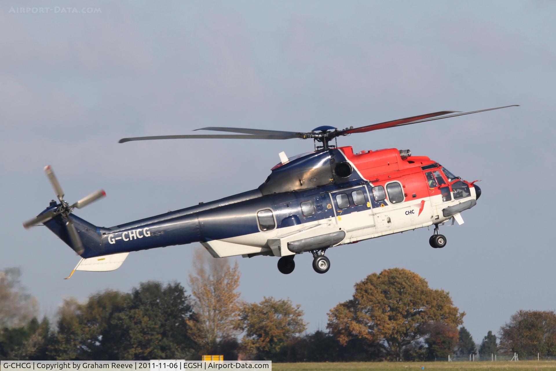 G-CHCG, 2003 Eurocopter AS-332L2 Super Puma Mk2 C/N 2592, About to touch down.