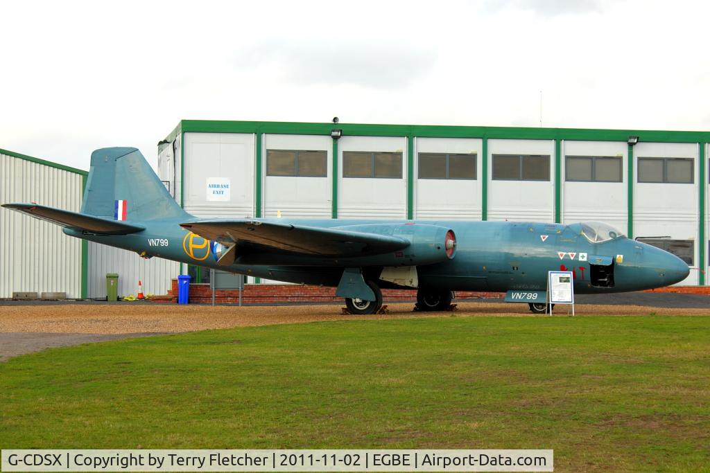 G-CDSX, 1954 English Electric Canberra T.4 C/N EEP71367, At Airbase Museum at Coventry Airport - wearing false serial VN799 - real id is WJ874