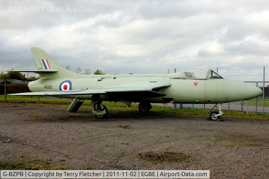 G-BZPB, 1955 Hawker Hunter GA.11 C/N 41H/670762, Gate Guard / Advert for DC-6 Diner at Airbase Museum at Coventry Airport - Wears false serial of WB188 - real former identity was WV256