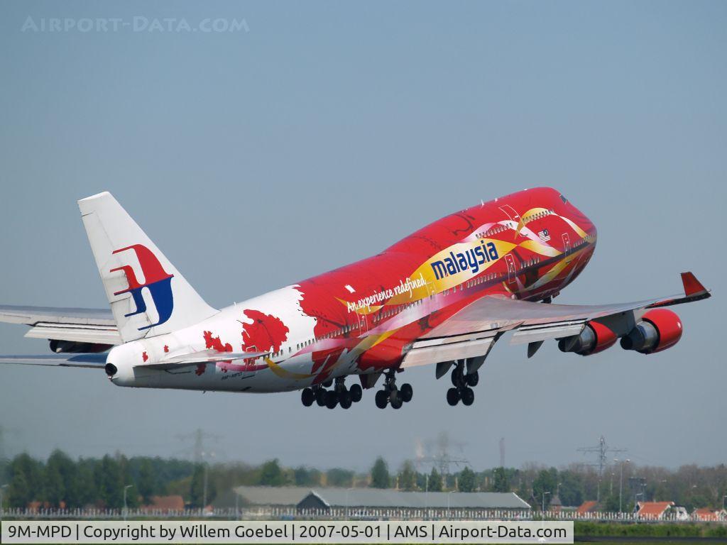 9M-MPD, 1993 Boeing 747-4H6 C/N 25701, Take off from Schiphol Airport on runway 36L