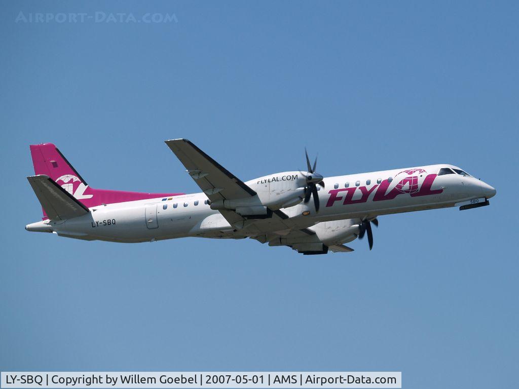 LY-SBQ, 1993 Saab 2000 C/N 2000-007, Take off from Schiphol Airport on runway 36L