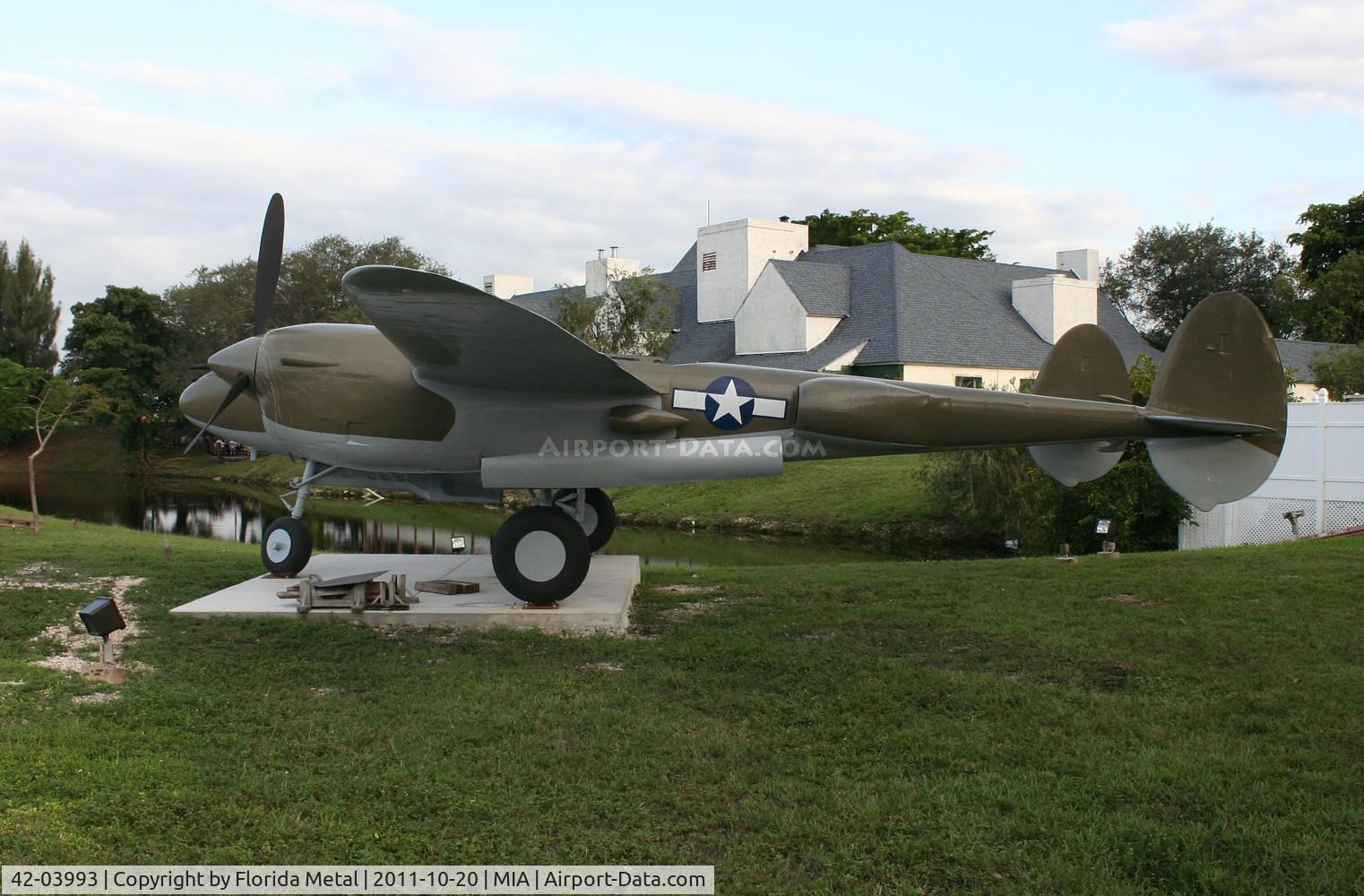 42-03993, Lockheed P-38 Lightning Replica C/N None, If anyone has any info on this bird, please let me know so I can build a real profile.  I was told by someone that this was not a real plane - this plane is located at the 94th Aero Squadron Restaurant by Miami International Airport