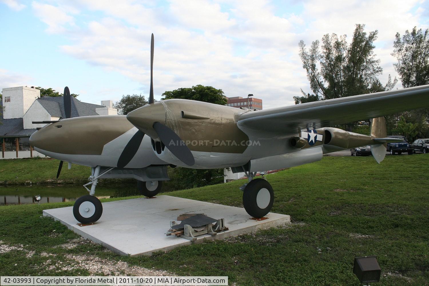 42-03993, Lockheed P-38 Lightning Replica C/N None, Does anyone have any info on this plane in front of the 94th Aerosquadron Restaurant by Miami Int. Airport?