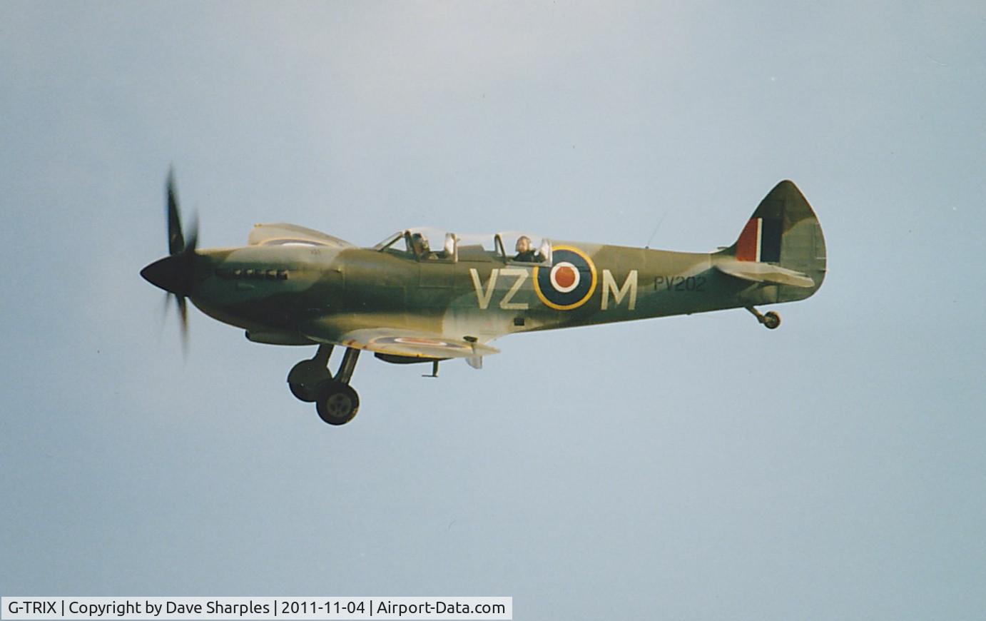 G-TRIX, 1944 Supermarine 509 Spitfire TR.IXc C/N CBAF.9590, Early 1990's doing circuits at Leavesden Aerodrome, using grass runway.