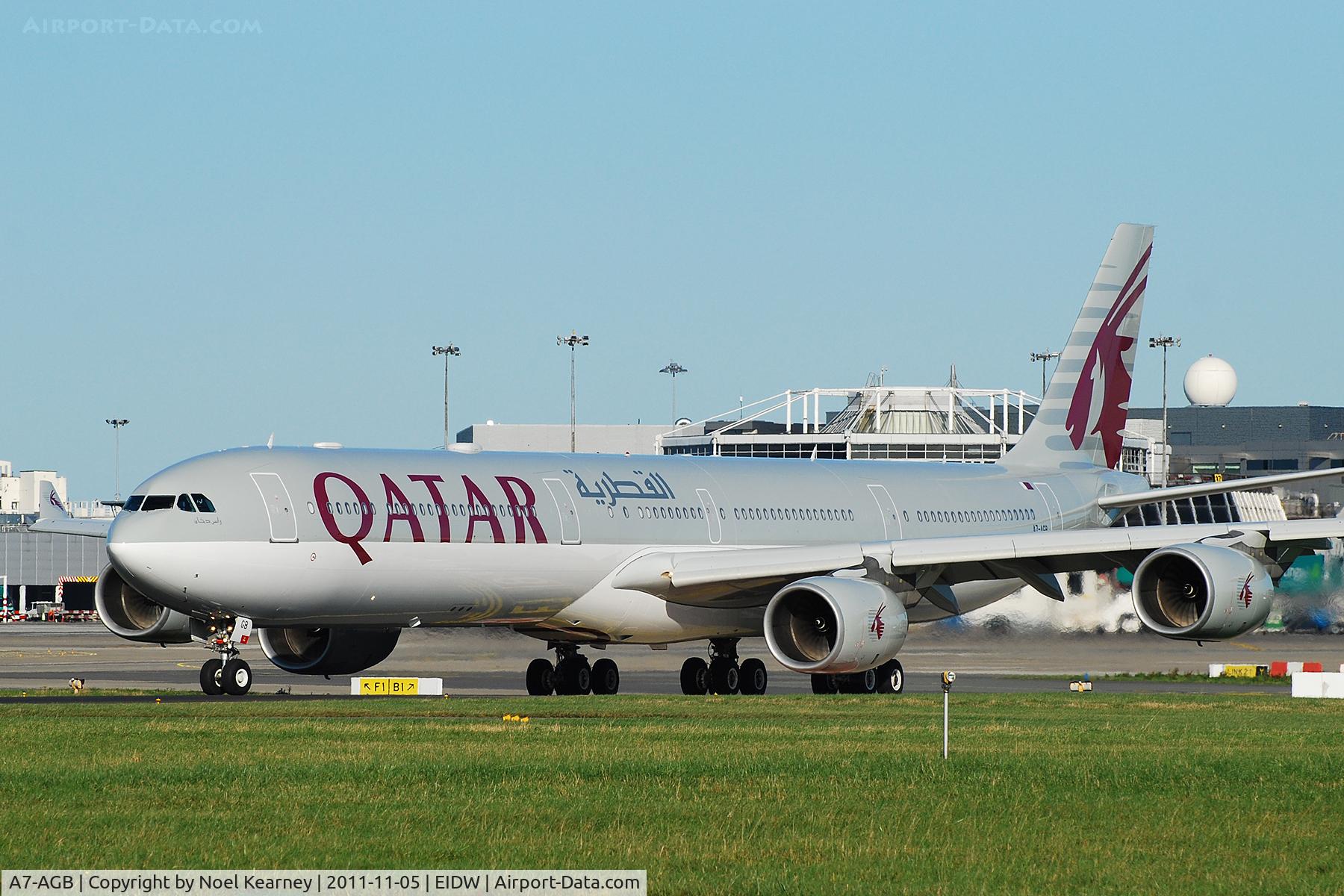A7-AGB, 2005 Airbus A340-642X C/N 715, Awaiting clearance to line up on Rwy 28, after being in dublin for maintenance.