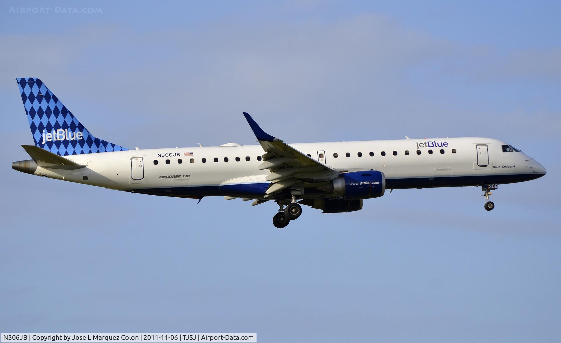 N306JB, 2009 Embraer ERJ-190-100 IGW 190AR C/N 19000272, Landing at runway 10