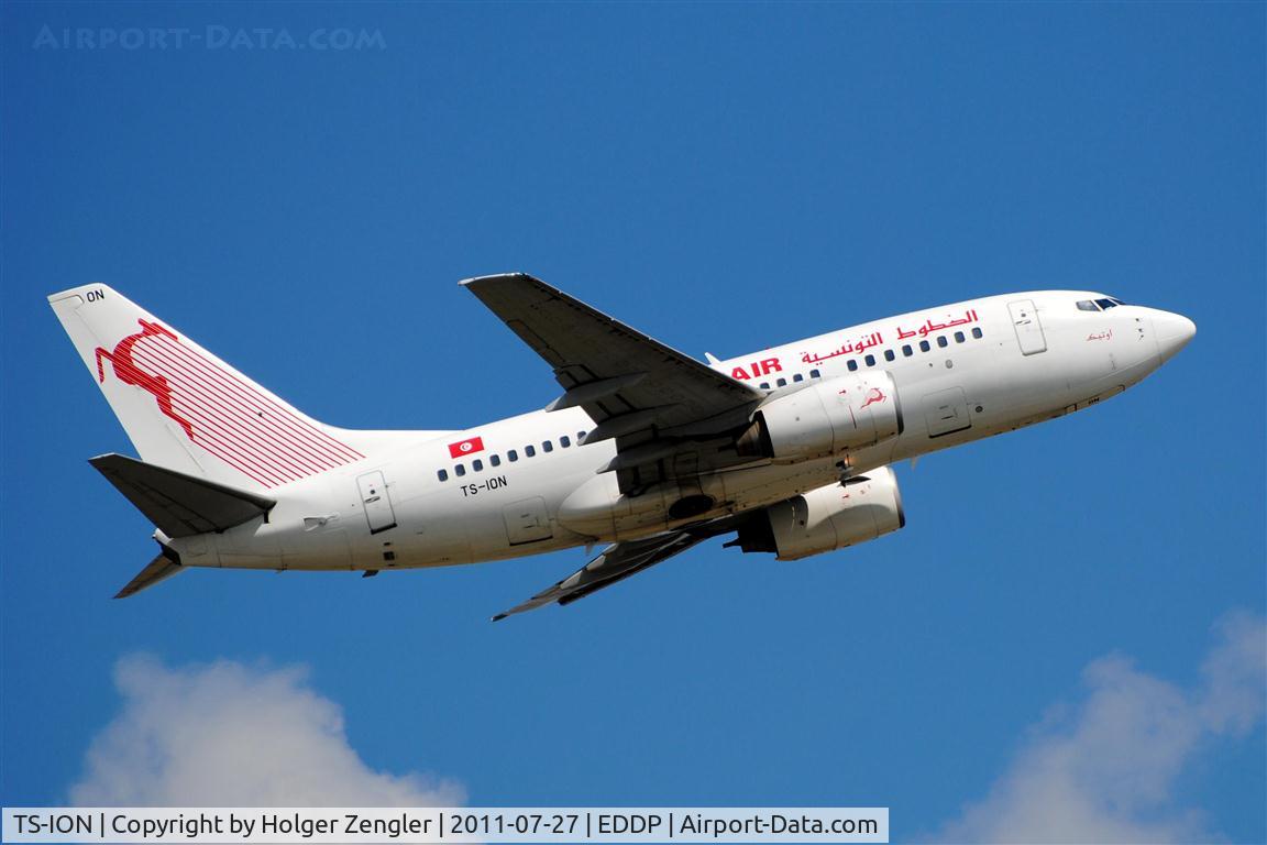 TS-ION, 2000 Boeing 737-6H3 C/N 29499, Shortly after take-off on rwy 26L....