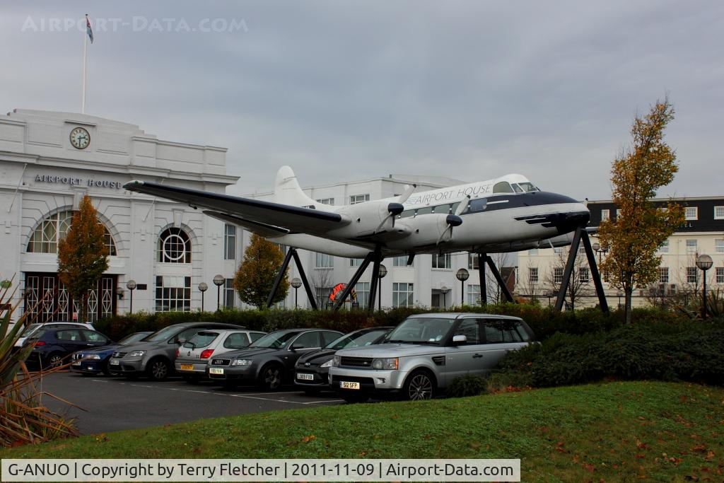 G-ANUO, 1954 De Havilland DH-114 Heron 2D C/N 14062, This airframe sits at the front of the  Terminal building at the old Croydon Airport that closed in 1959 - the airframe was recovered from Biggin Hill and restored in the colours and marks G-AOXL of Morton Air Services to represent the last scheduled flig