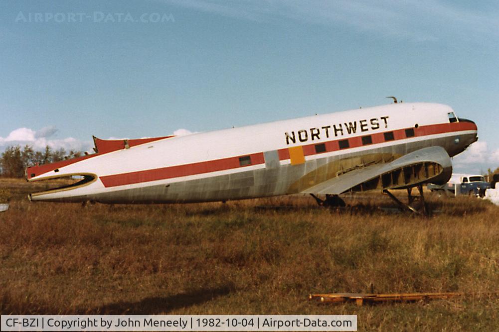 CF-BZI, 1943 Douglas C-47A Skytrain C/N 13448, Seen derelict at St. Albert, AB, Canada, in 1982, this DC-3 is now preserved with the Aerospace Museum in Calgary.