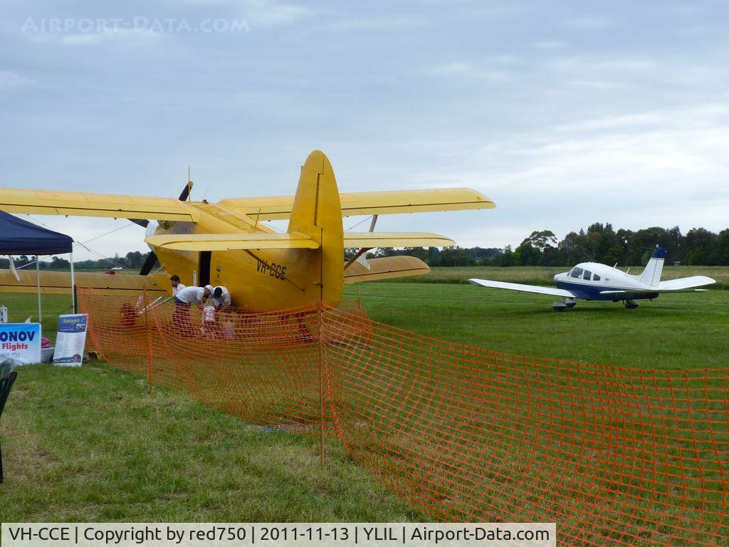VH-CCE, 1989 Antonov An-2TP C/N 1G234-09, Compare the size of the An-2 with the Piper Warrior beside it. The wing shadows prove how close they are, so it's not an optical illusion.