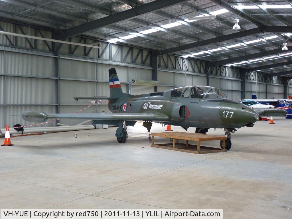 VH-YUE, 1968 Soko G2 Galeb C/N 23177, Soko G2 Galeb VH-YUE hangared at Lilydale
