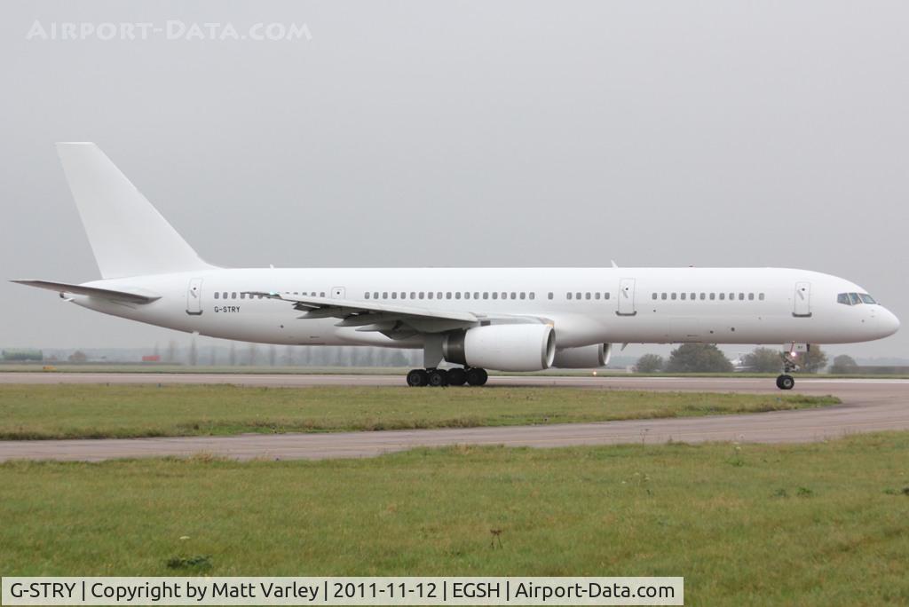 G-STRY, 1996 Boeing 757-28A C/N 28161, Departing EGSH after spray into an all white C/S.