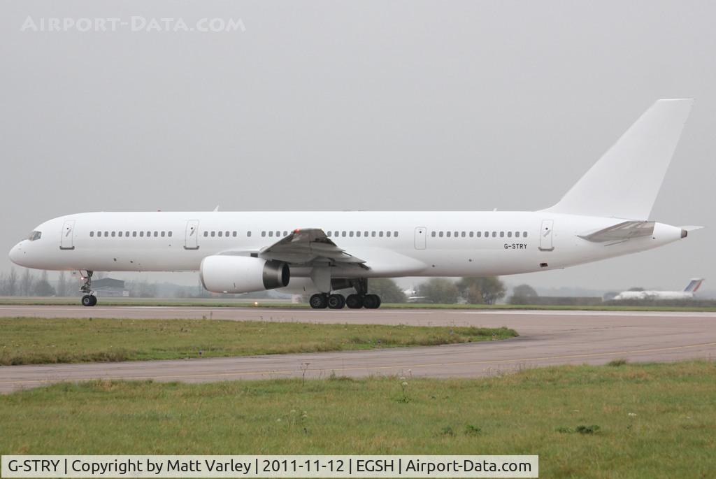 G-STRY, 1996 Boeing 757-28A C/N 28161, Departing EGSH after spray into an all white C/S.