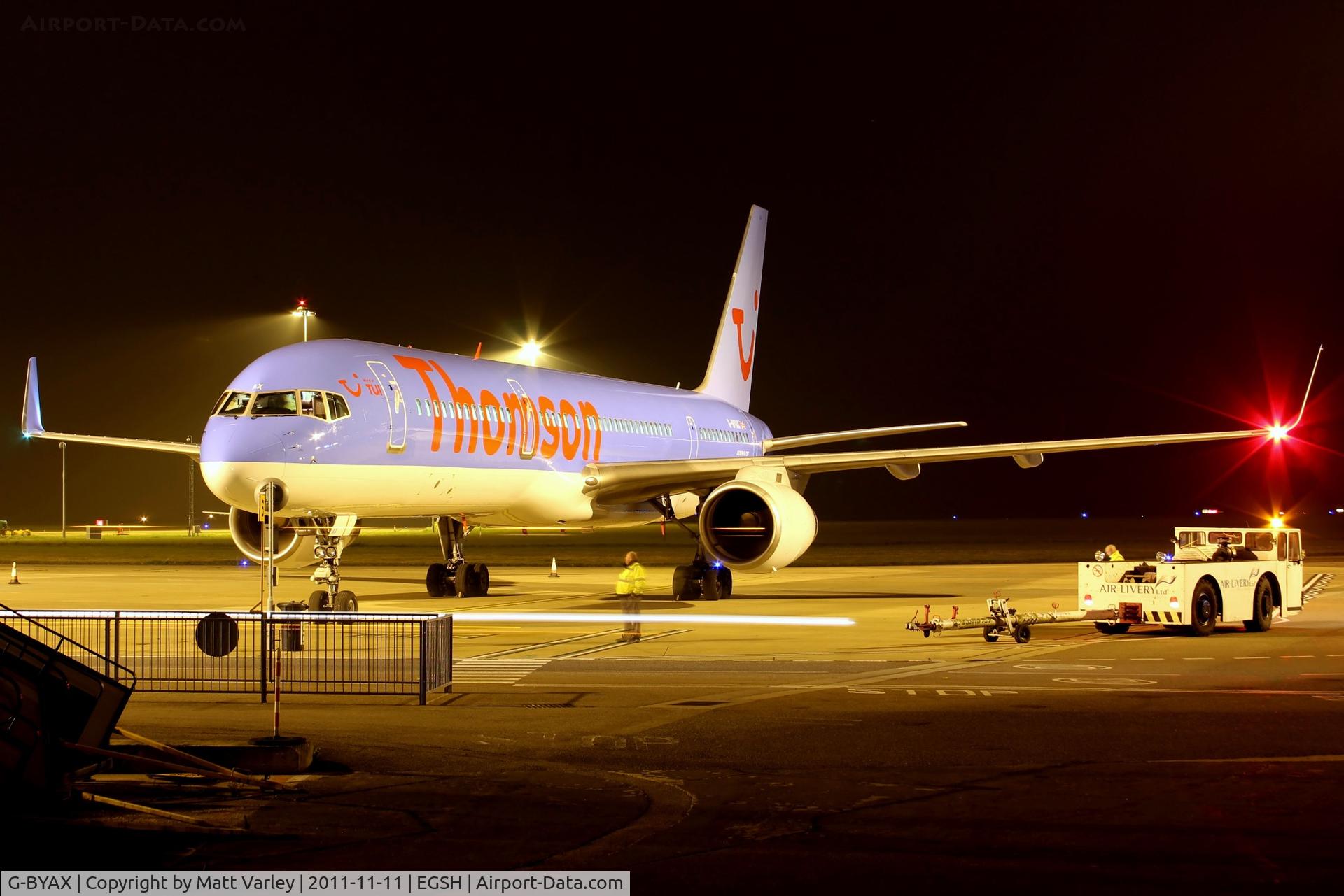 G-BYAX, 1999 Boeing 757-204 C/N 28834, Sat on stand 6 after spray into revised Thomson C/S.