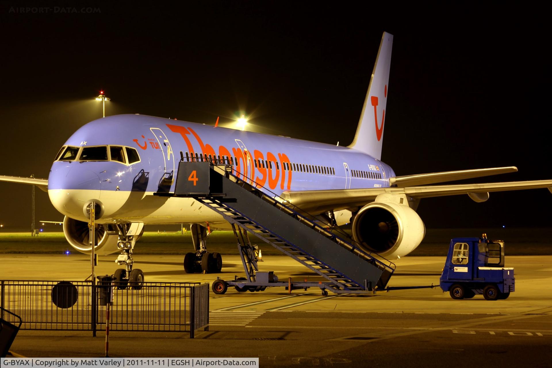 G-BYAX, 1999 Boeing 757-204 C/N 28834, Sat on stand 6 after spray into revised Thomson C/S.