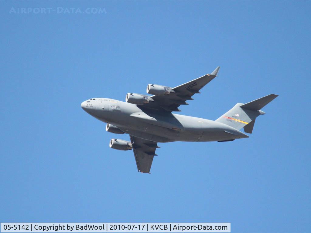 05-5142, 2005 Boeing C-17A Globemaster III C/N P-142, Flying over Nut Tree airport enroute to Travis AFB.